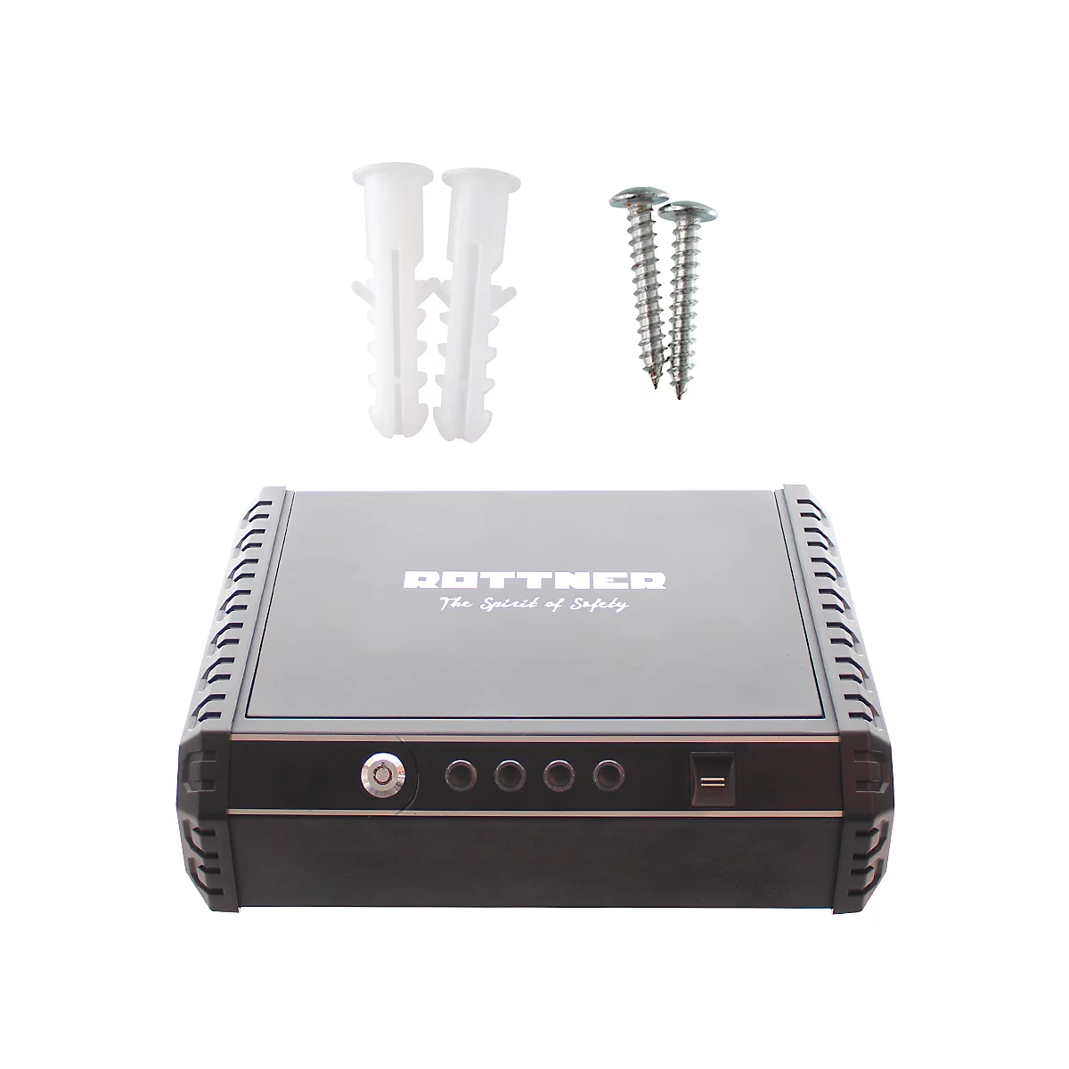 Black, rectangular device with screws and dowels. Inscription: ROTTNER, The Spirit of Safety.