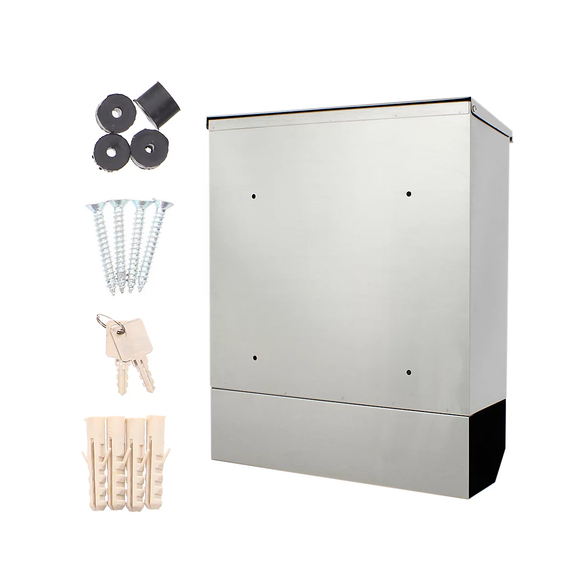 Zilveren brievenbus met accessoires zoals schroeven, pluggen en sleutels.