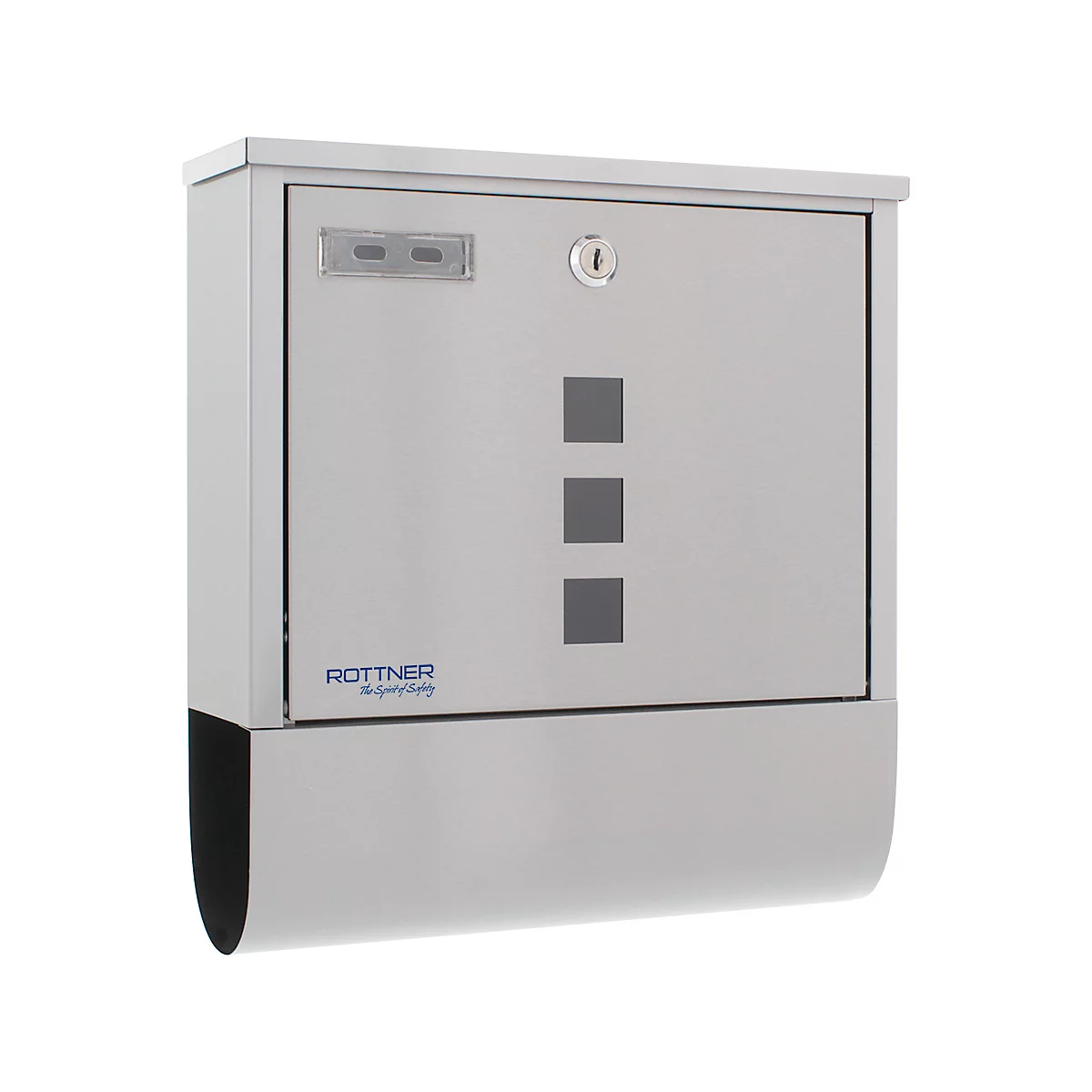 Silver mailbox against a white background. On the front, there are 3 gray squares and a keyhole.