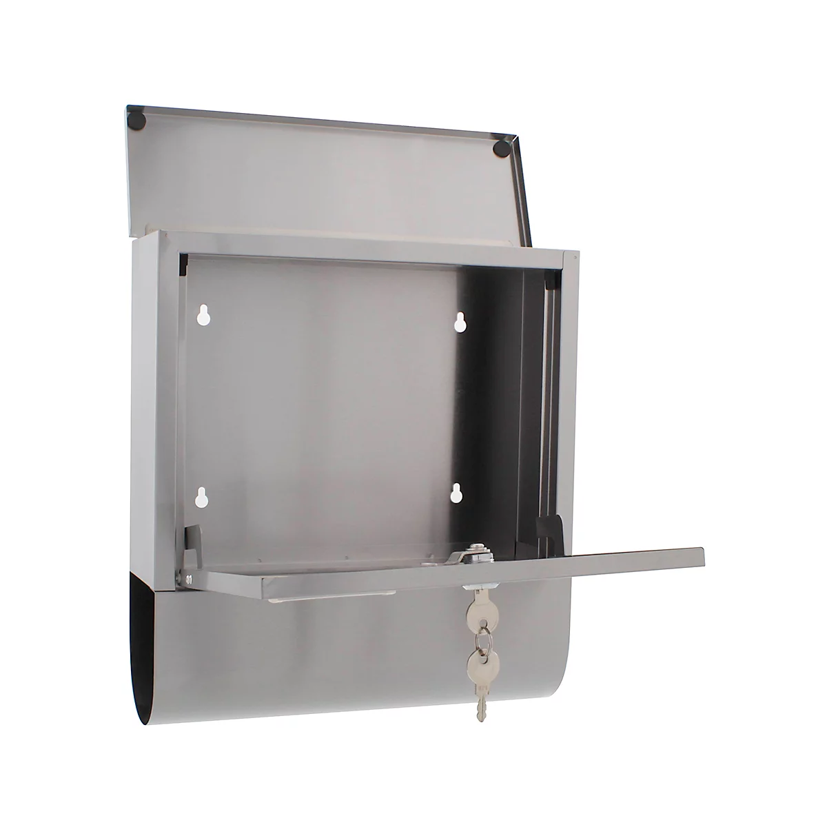 Grey, open wall mailbox, flap is open, two keys hanging.