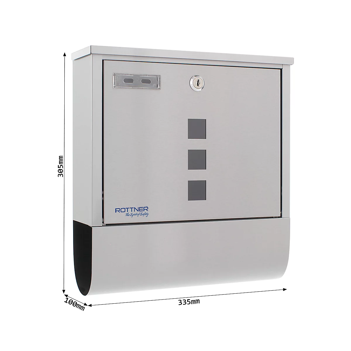 Grey wall-mounted mailbox with nameplate, lock, and three square elements. Rottner logo.