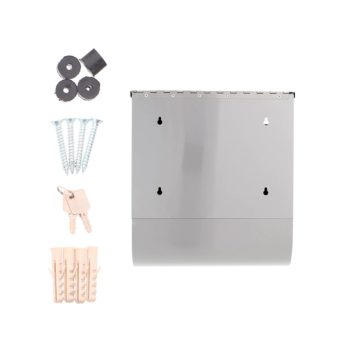 Gray mailbox back with accessories such as screws and dowels. Keys and rubber dampers are also included.