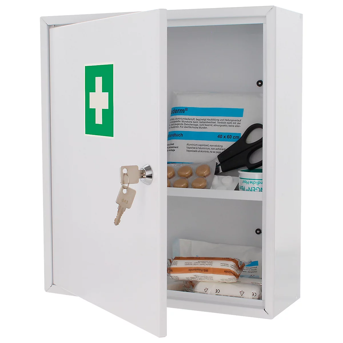 Rottner medicijnkast MK1, wandmontage, inhoud 12 l, 1 legbord, cilinderslot, 2 sleutels, etiket, B 315 x D 110 x H 360 mm, plaatstaal