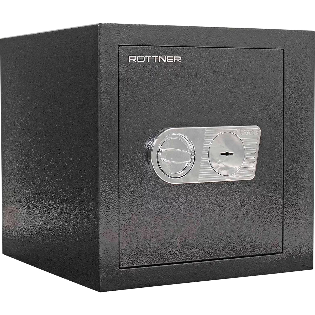 Black safe with silver lock. Inscription: Rottner.