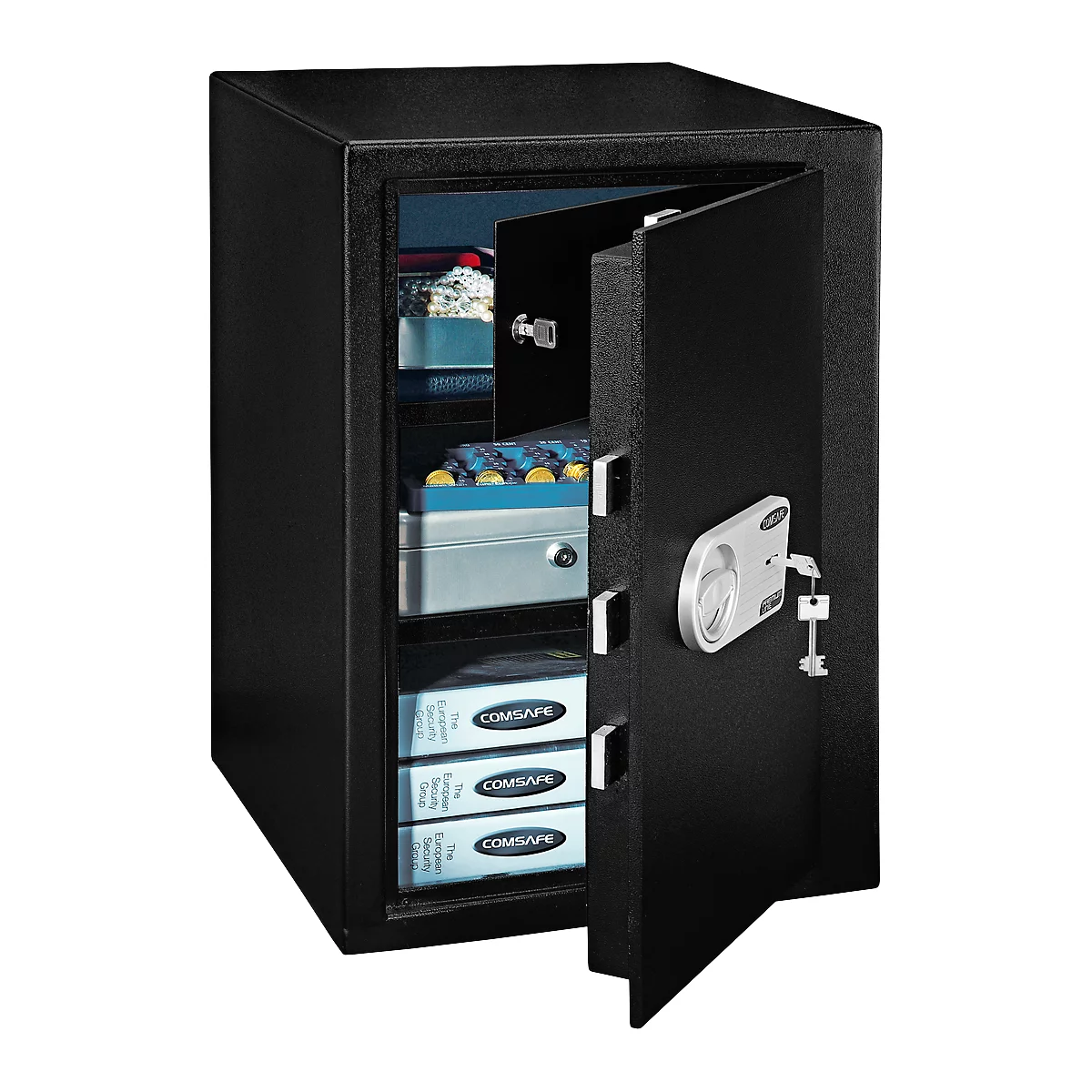 An open black safe. You can see files, money and a key. The door is half open.