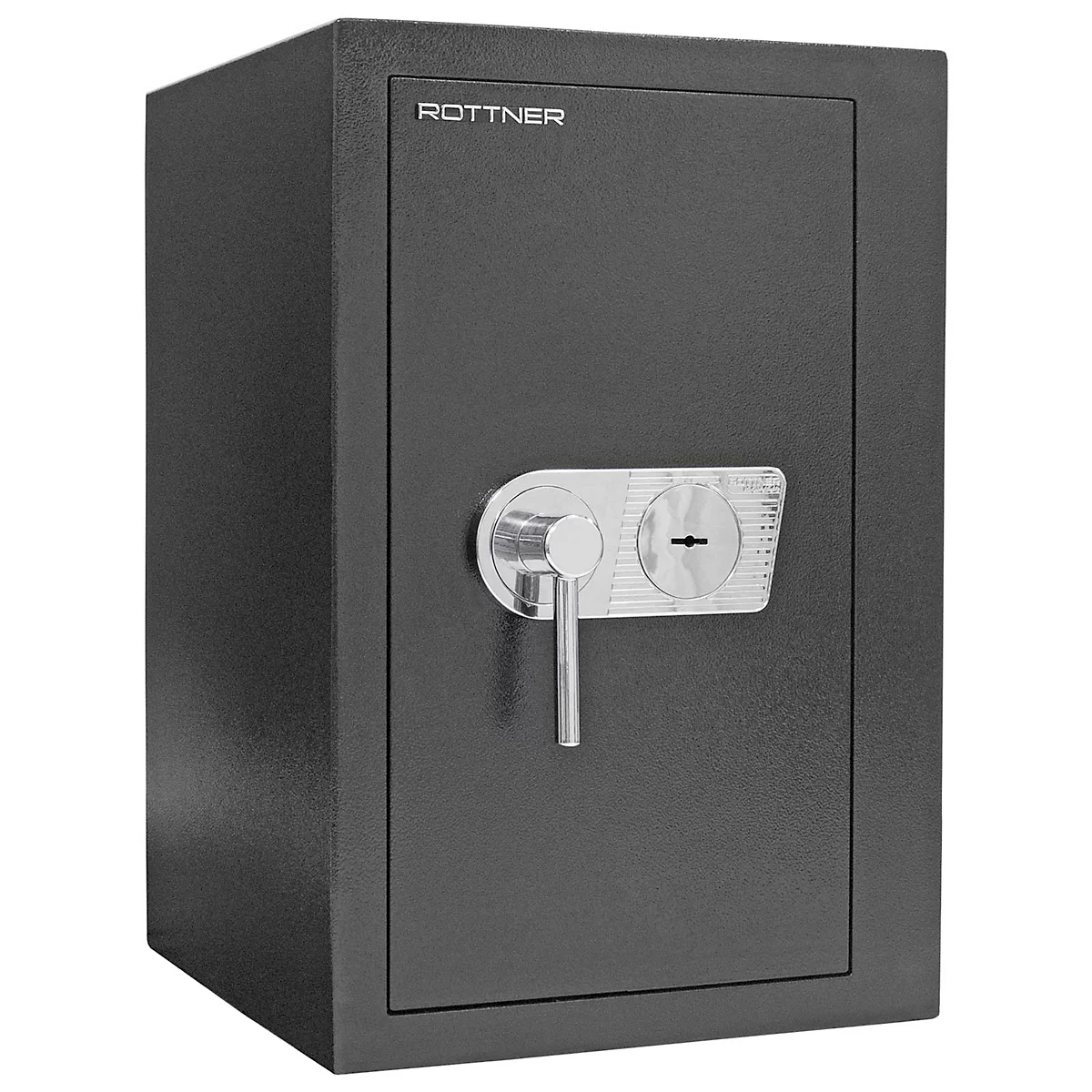 Black safe with silver handle and keyhole, brand ROTNER.