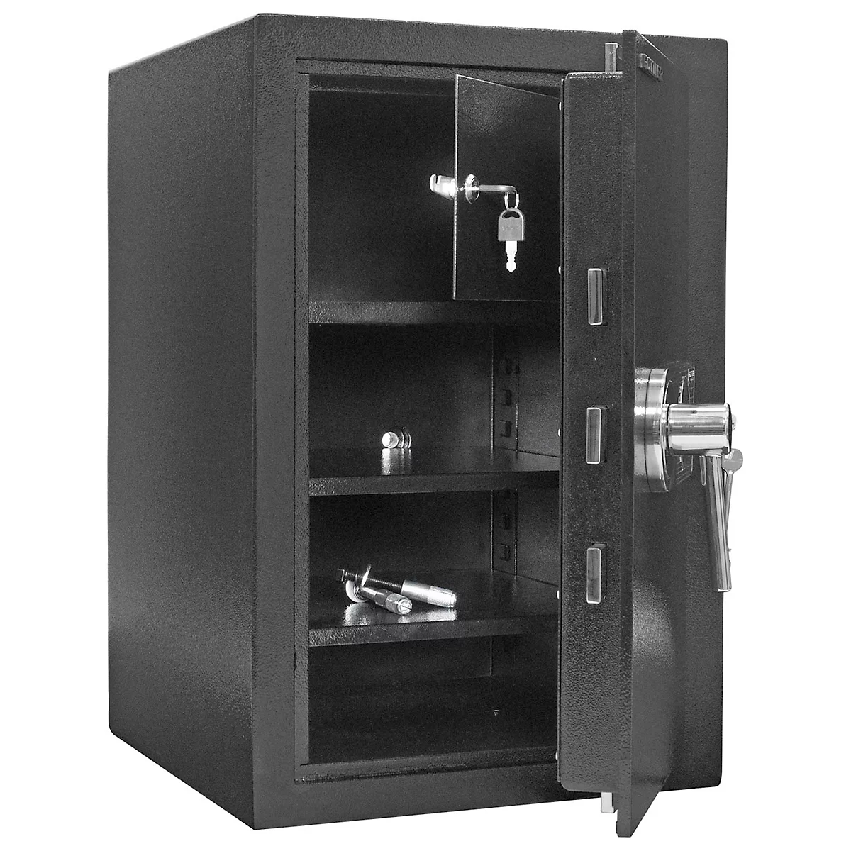 Black safe with open door, keys and accessories visible. Shelves inside.