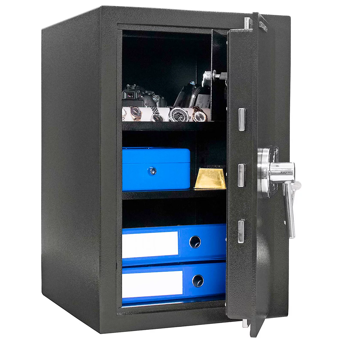 A black safe with an open door, inside are jewelry, blue folders, and a chest.
