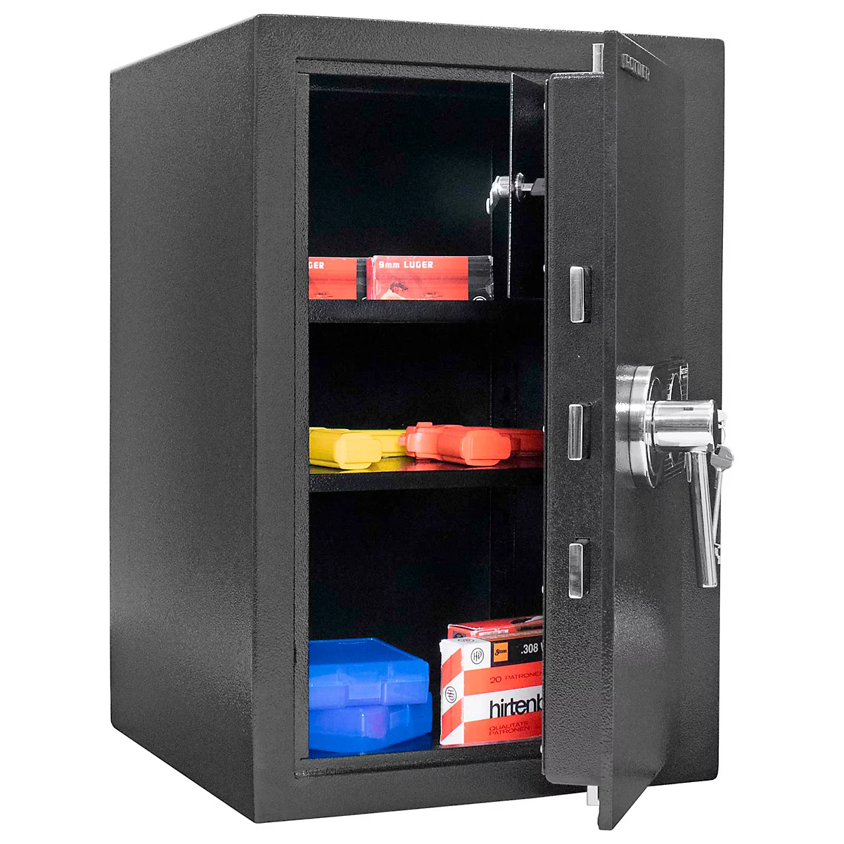 Opened black steel security safe with stored weapons and ammunition. Red, yellow, blue inventory.