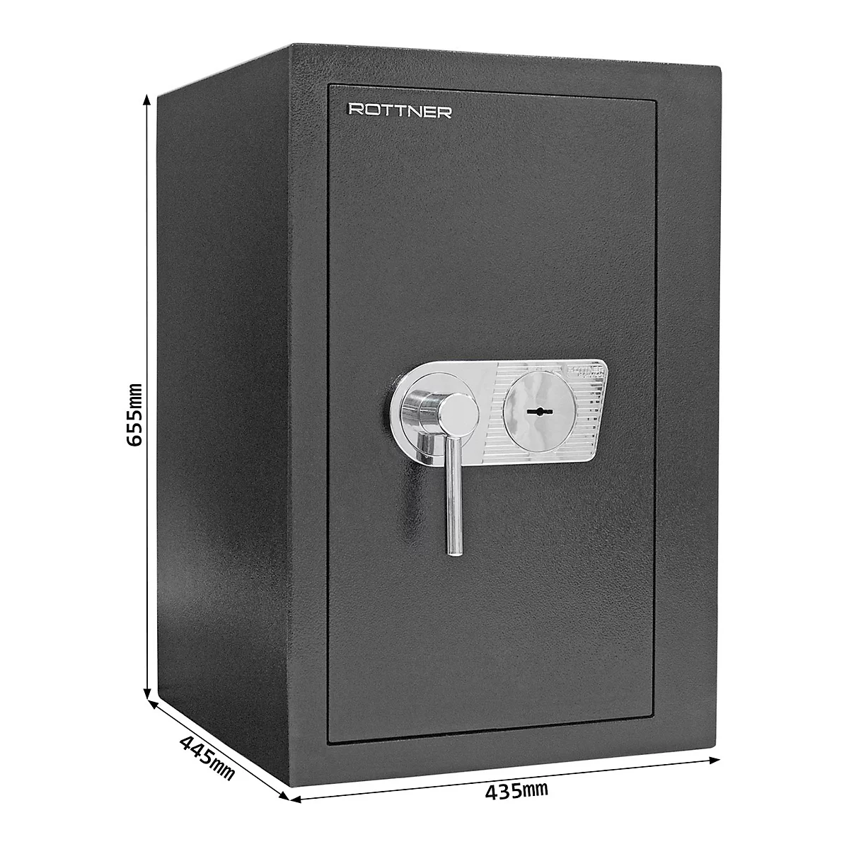Dark gray safe with silver handle and keyhole, size specifications in the image.