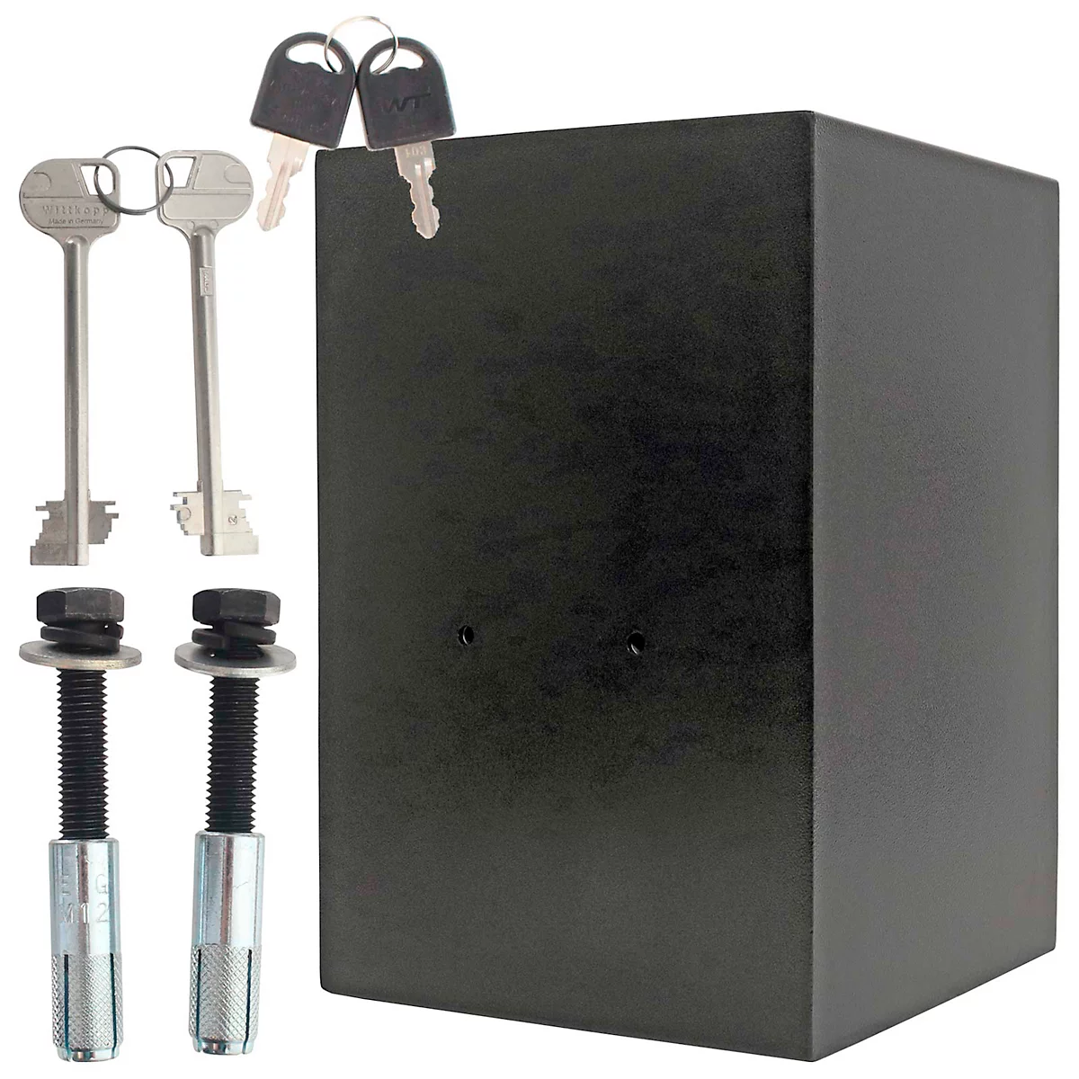 Black safe with keys and mounting hardware. Two keys are inserted into the safe, next to them are two more keys. Below, two screws.