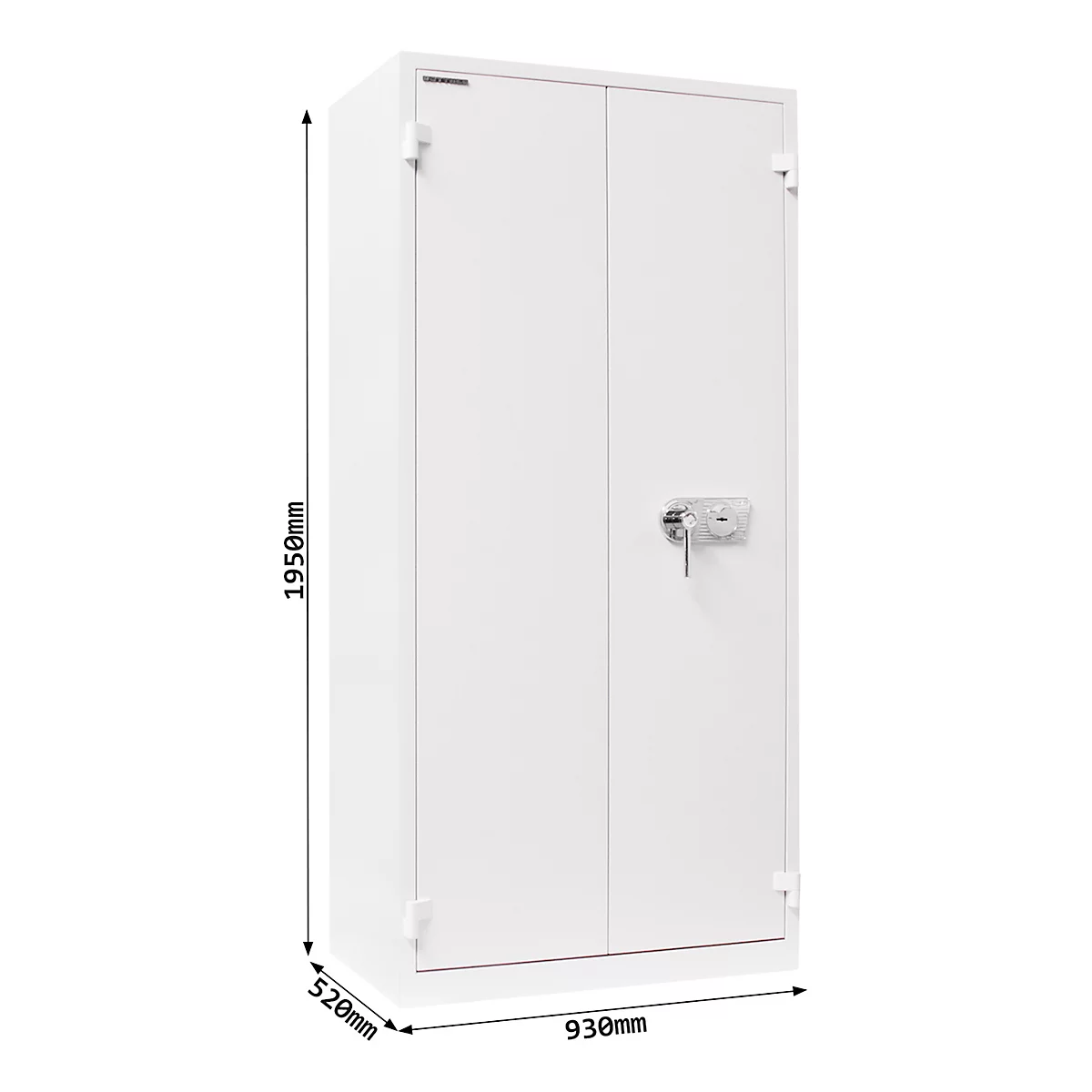 White, double steel cabinet with dimensions labeled: 1950mm height, 930mm width, and 520mm depth.