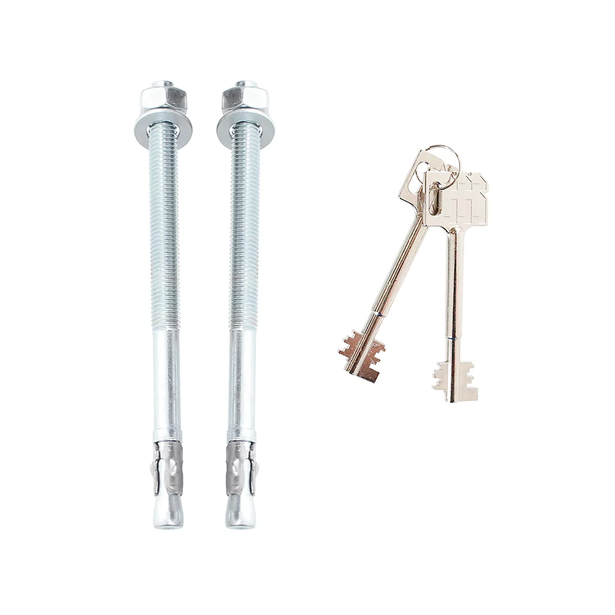 Two long bolts with nuts and washers next to two keys on a white background.