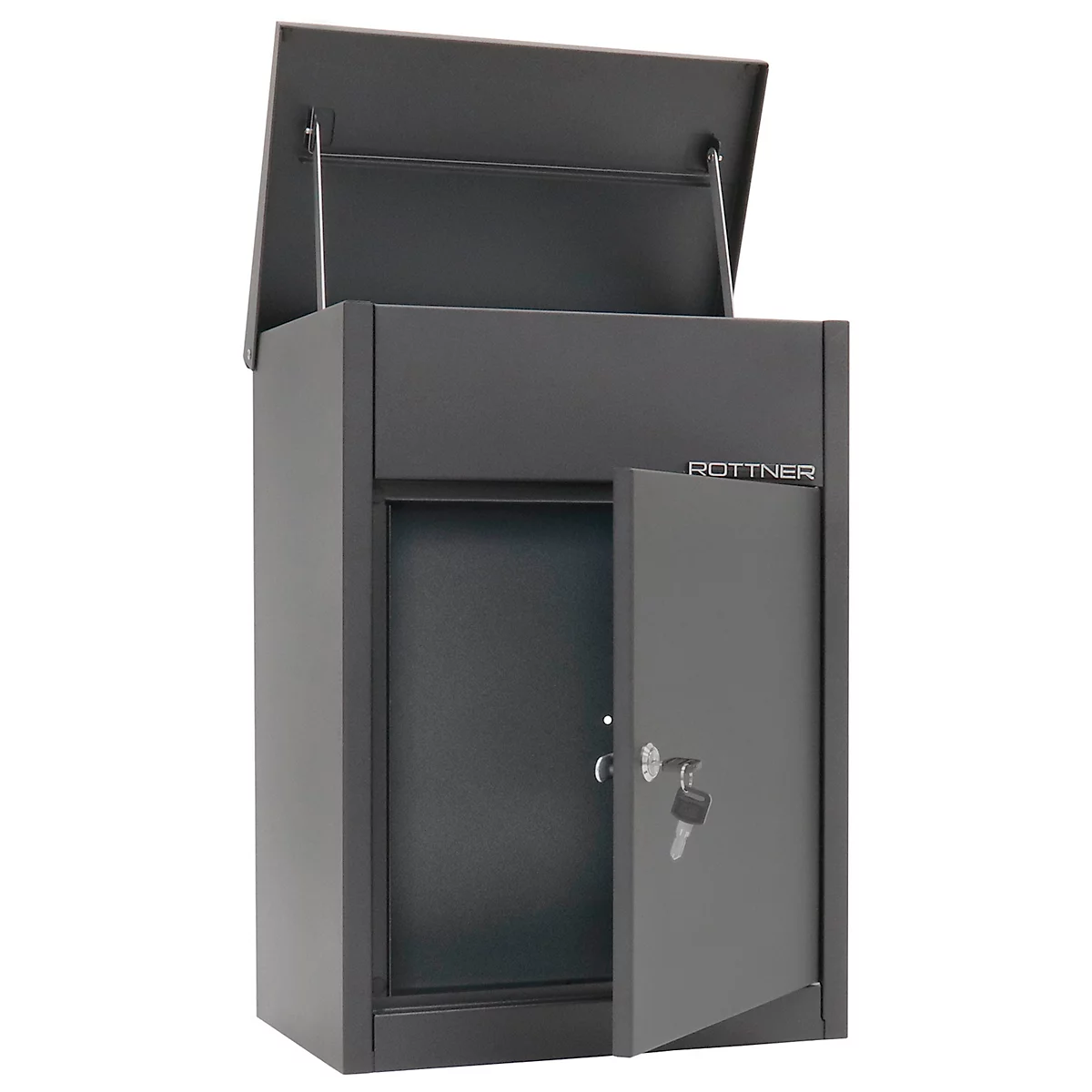 Rottner pakketbrievenbus Parcel Keeper 500, wand-/vloermontage, voor pakketten L 310 x B 290 x H 155 mm, plaatstaal met poedercoating, zwart