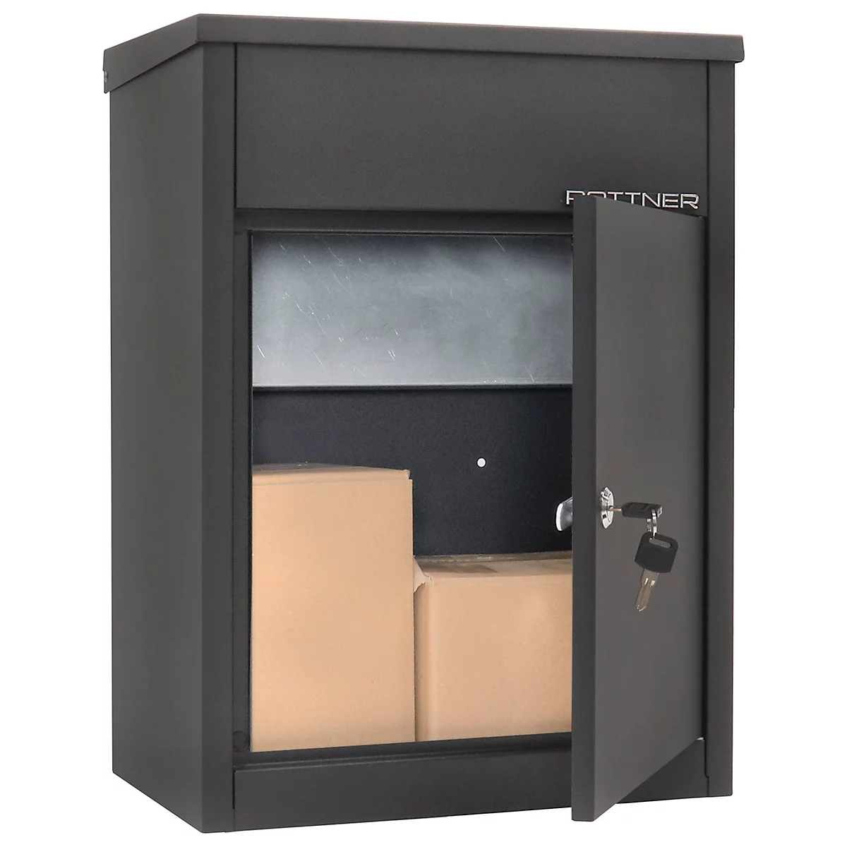 Rottner pakketbrievenbus Parcel Keeper 500, wand-/vloermontage, voor pakketten L 310 x B 290 x H 155 mm, plaatstaal met poedercoating, zwart