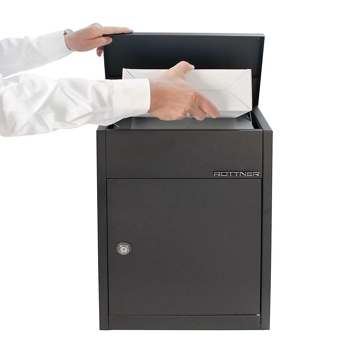 Rottner pakketbrievenbus Parcel Keeper 500, wand-/vloermontage, voor pakketten L 310 x B 290 x H 155 mm, plaatstaal met poedercoating, zwart