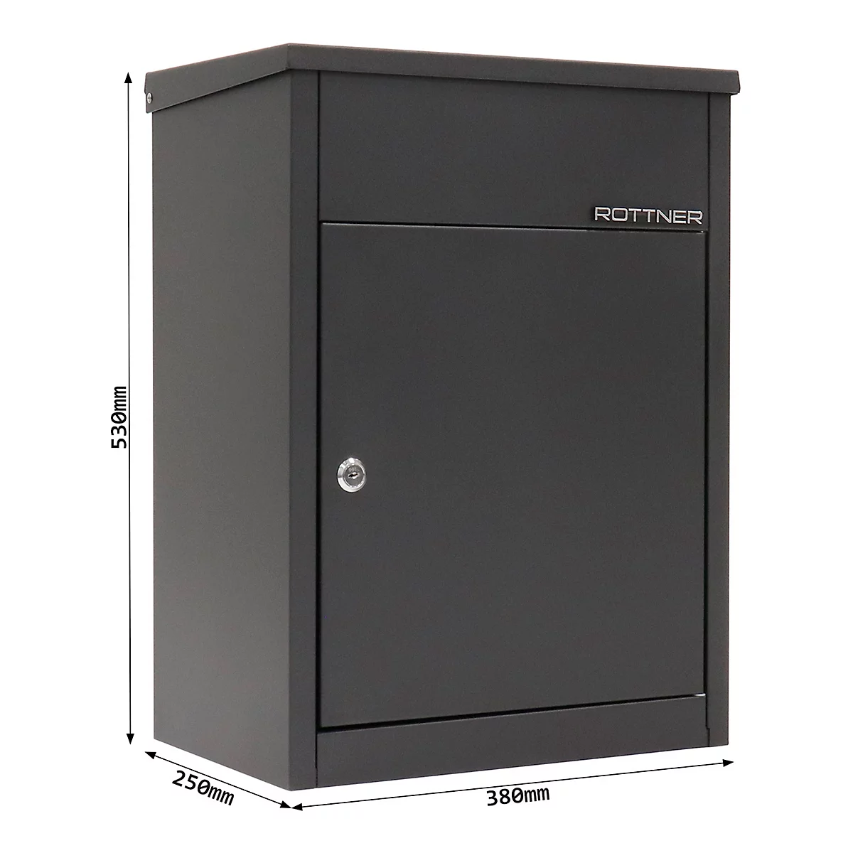 Rottner pakketbrievenbus Parcel Keeper 500, wand-/vloermontage, voor pakketten L 310 x B 290 x H 155 mm, plaatstaal met poedercoating, zwart