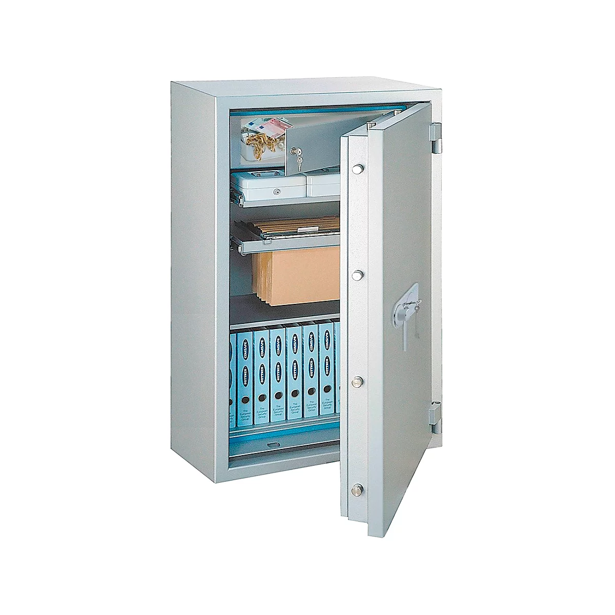 Rottner Papiersicherungsschrank Giga Paper 140, 232 l, EN 2, Feuerschutz bis 60 min, 3 Fachböden, Elektronikschloss, Stahl, weißaluminium RAL 9006