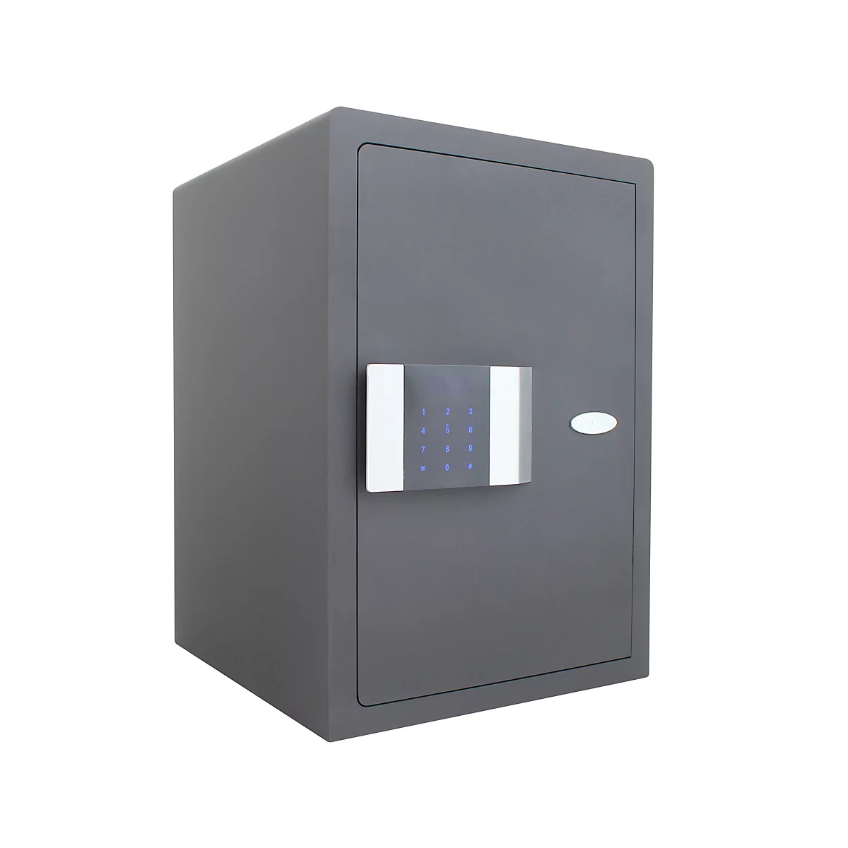 Gray safe on a white background. It has a digital control panel with buttons.