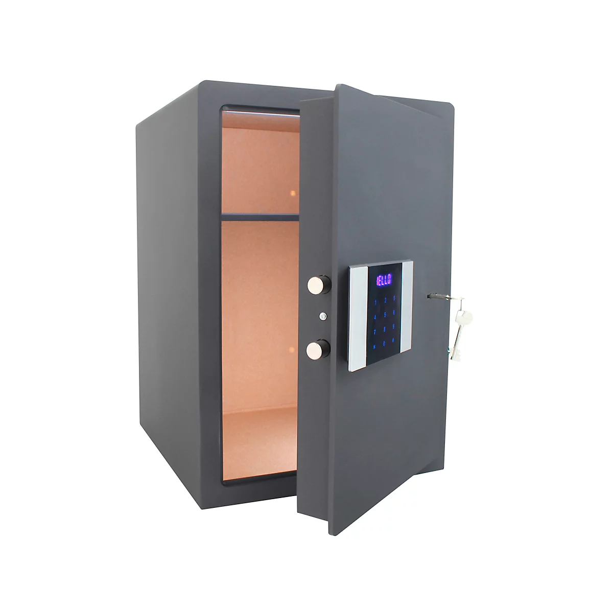 An open gray safe with digital panel. Beige inside, with shelf. The door is open, a key is inserted.