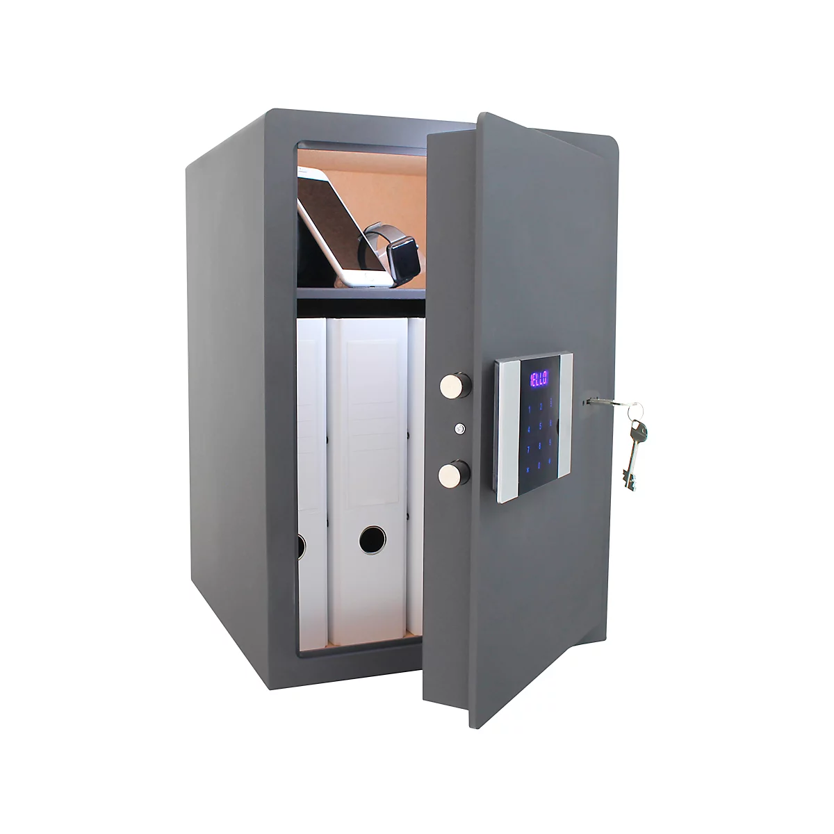 Grey safe, open. Inside: tablet, smartwatch, folders. Door with code and keys.