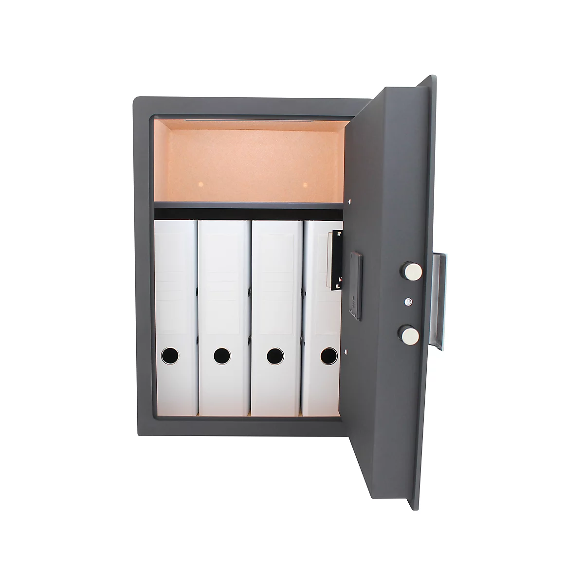 Open steel cabinet with white file folders. The door is ajar.