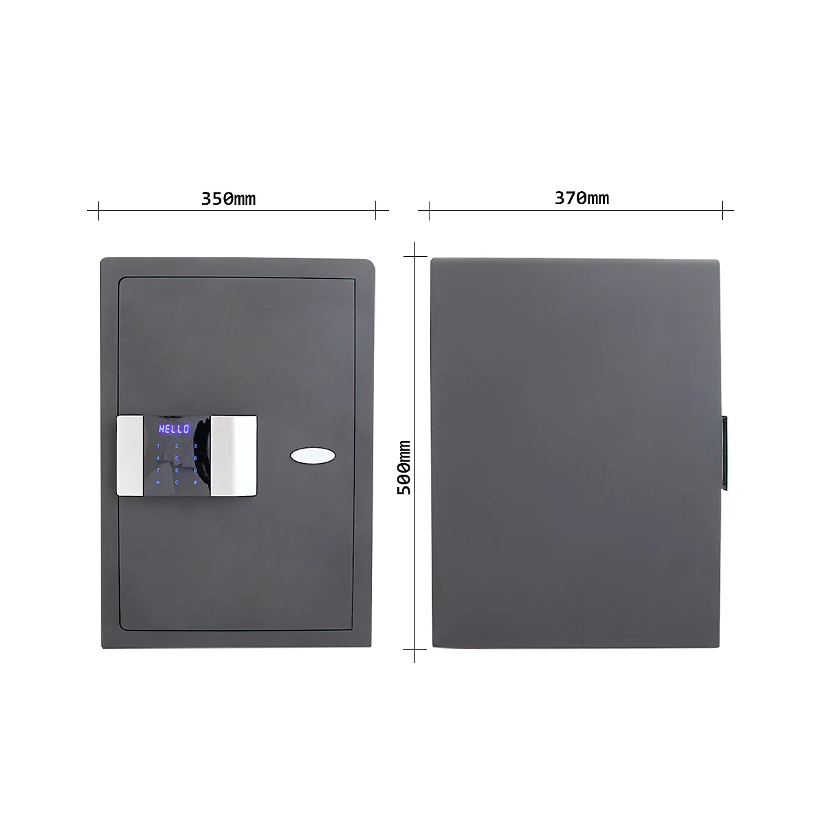 Grey safe with numeric code, dimensions, and handle. The display reads "HELLO".