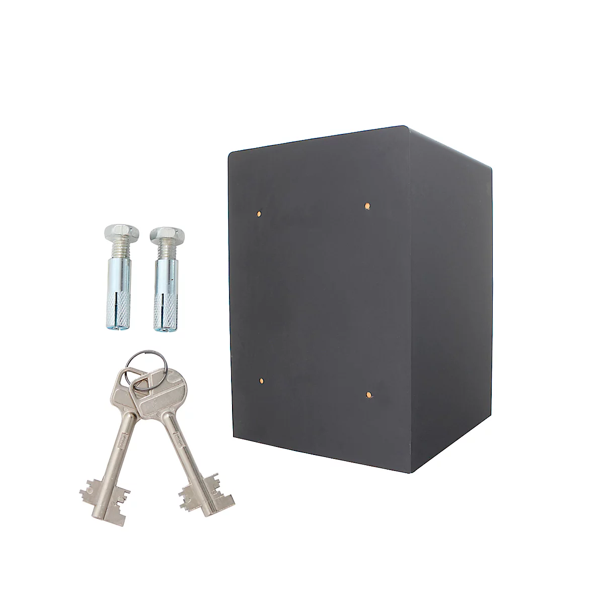 Dark grey cube with mounting hardware and keys on a white background.