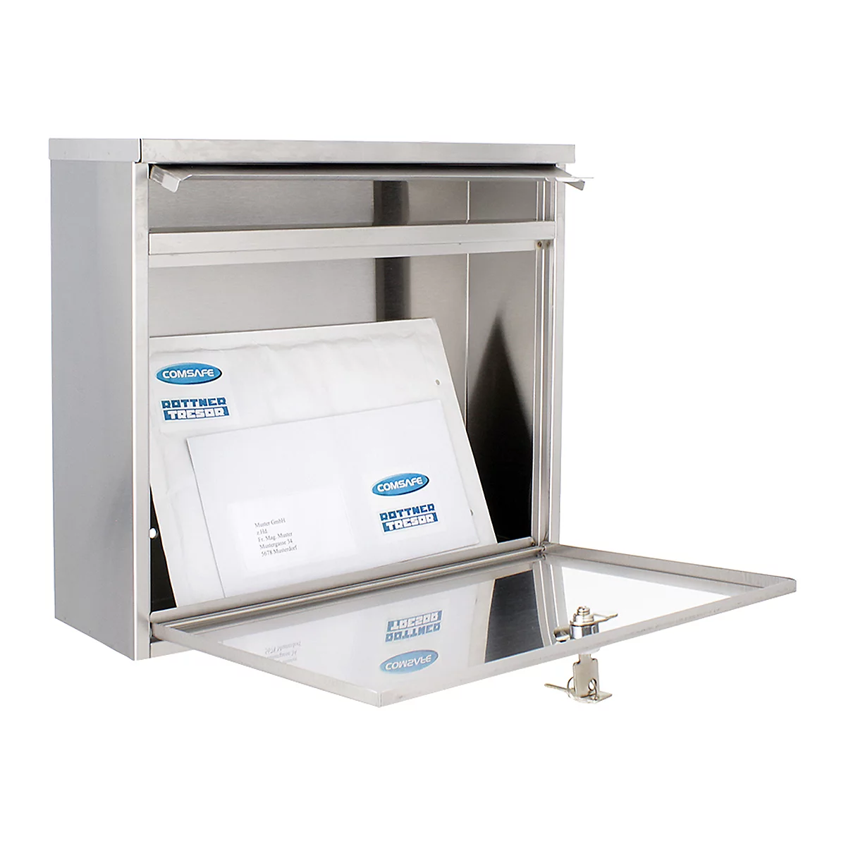 Zilverkleurige brievenbus met open deur, post erin. Met Comsafe en Bottner Tucson bedrukking.
