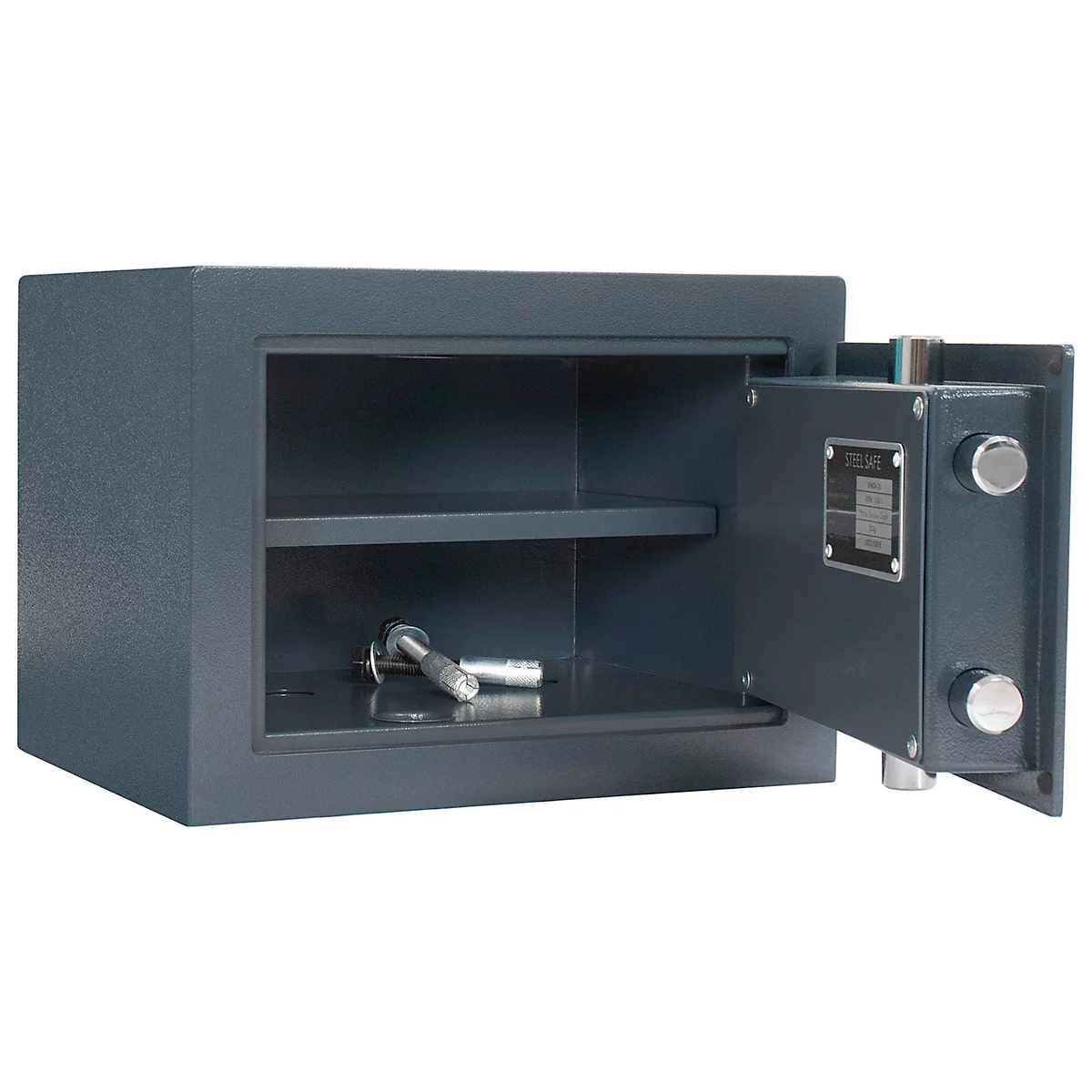 Grey safe with open door, keys lie inside.