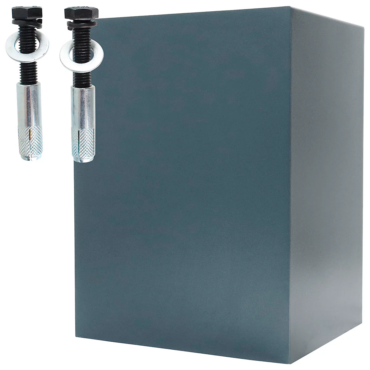 Dark gray cube with two screws and washers.