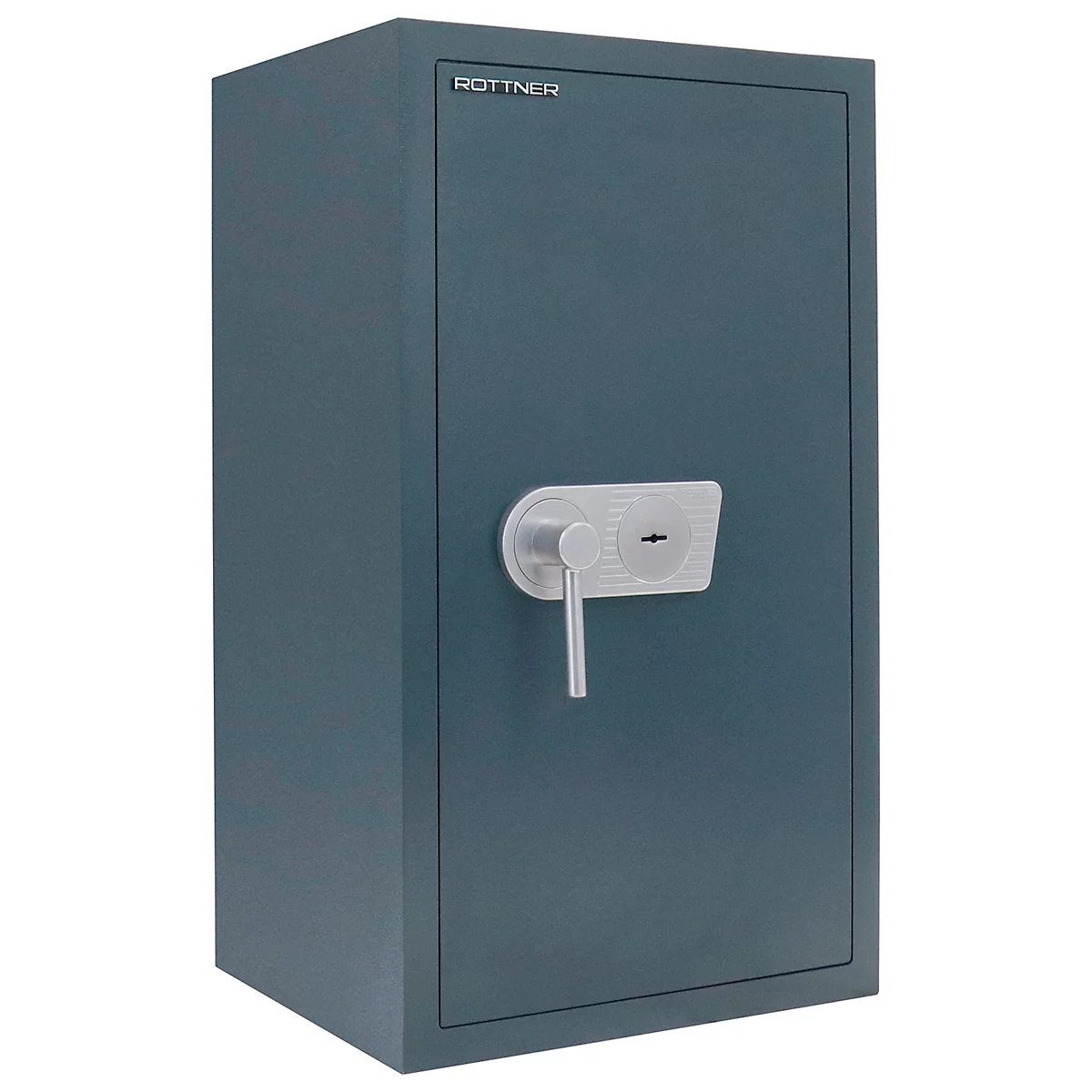 Gray-blue safe with silver handle and lock, against a white background. At the top is ROTNER.