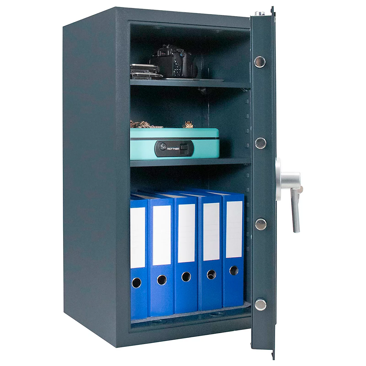 Grey safe with open door. Inside are files, a camera, and a turquoise box.
