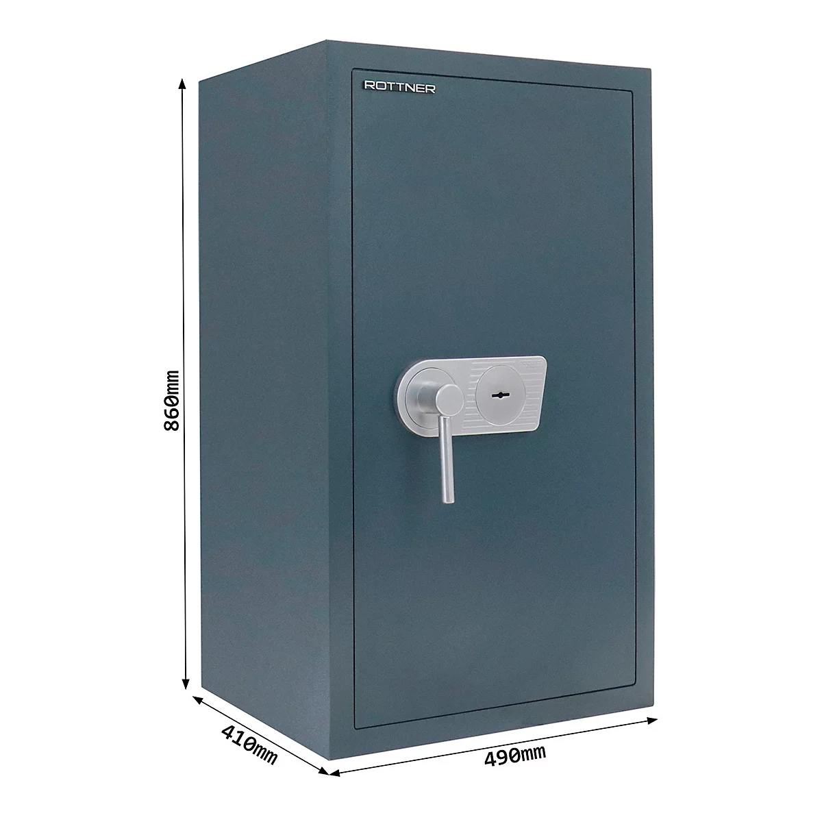 Gray safe on white background. Dimensions, lock and brand Rottner are visible.