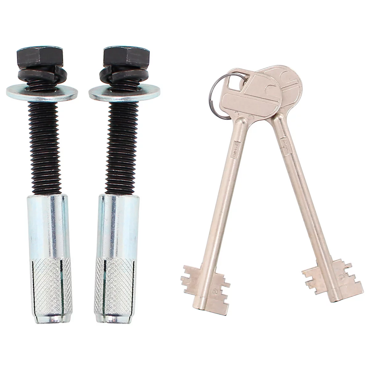Two bolts with nuts and washers and two keys on a white background.