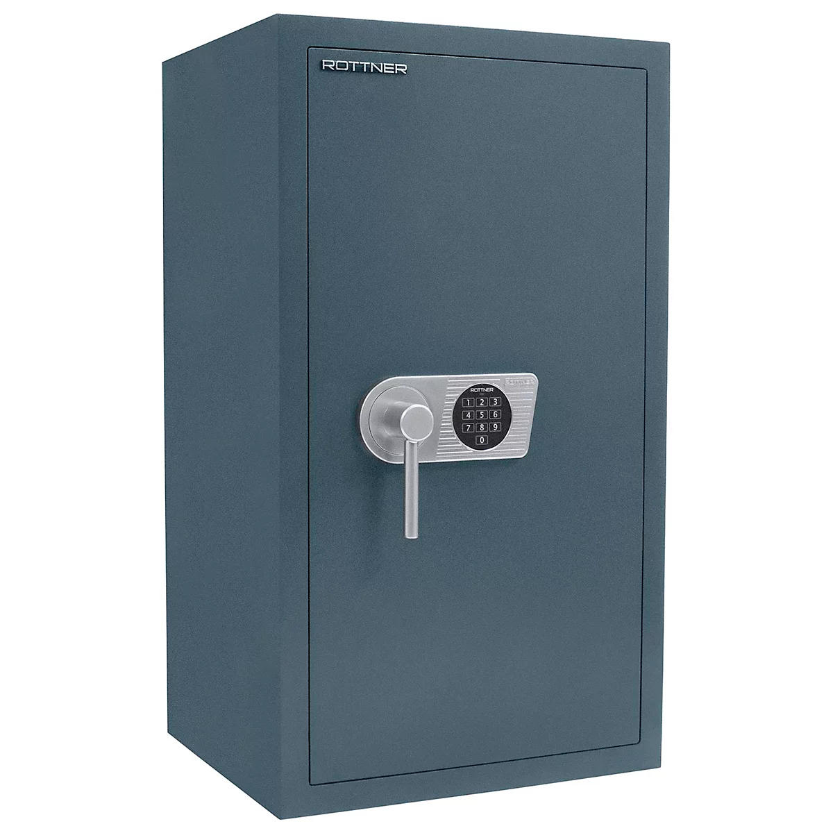 Dark blue safe with a combination lock and a rotating handle.
