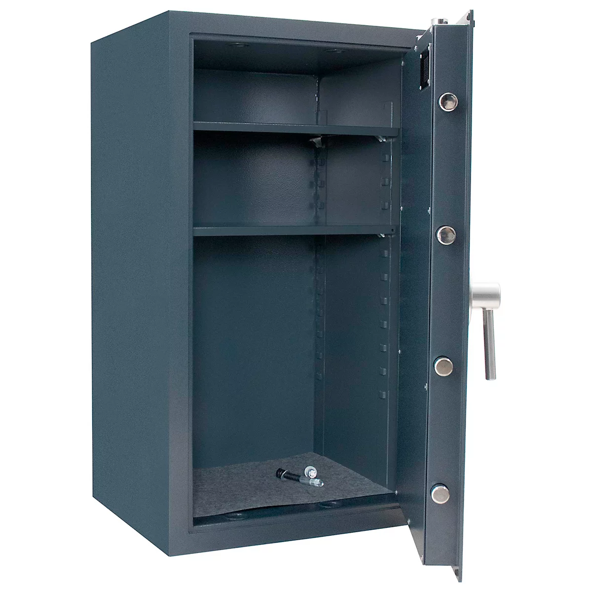 An open, empty dark blue safe with three shelves.