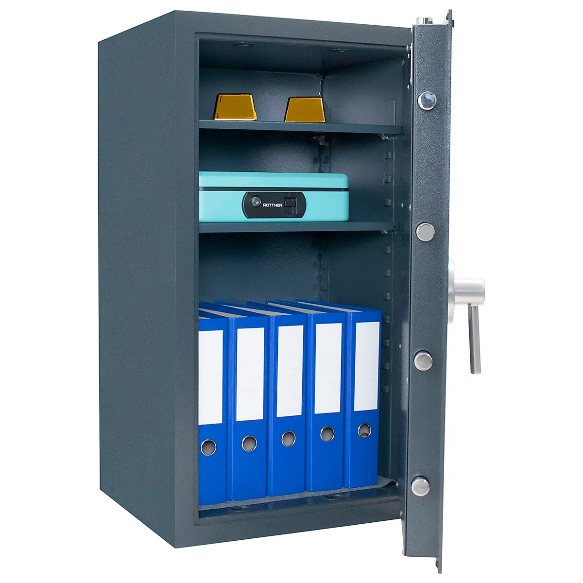 Open safe with gold bars, file folders, and a small box. The door is open.