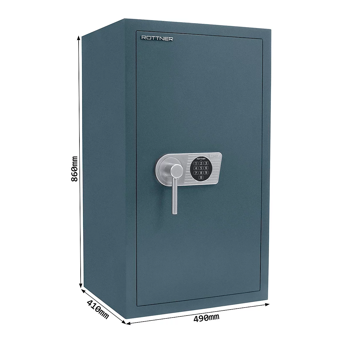 Dark blue safe with electronic keypad and handle, dimensions are indicated.