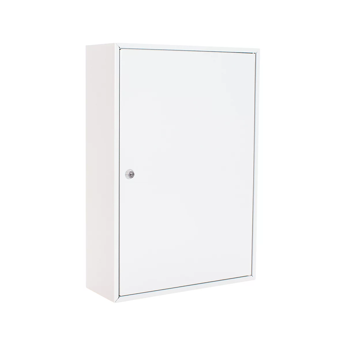 Weißer Schrank mit Tür, kleinem Schloss und flachem, rechtwinkligem Design.