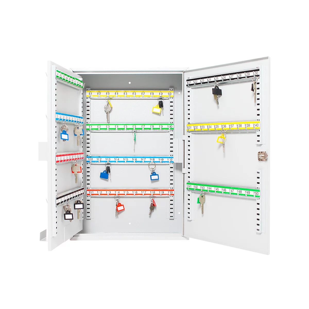 Geöffnete, graue Schlüsselschatulle mit zahlreichen Schlüsseln. Die Schlüssel sind an farbigen Leisten befestigt, die jeweils nummeriert sind.