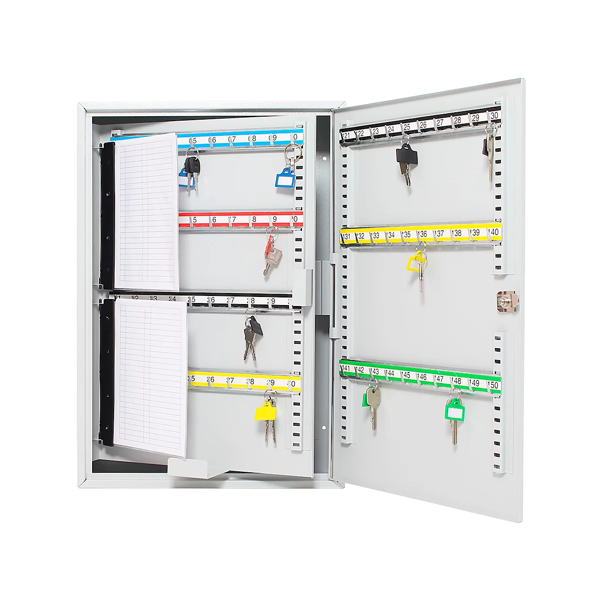 Geöffneter Schlüsselschrank mit Schlüsseln, farbigen Leisten und Notizblöcken.
