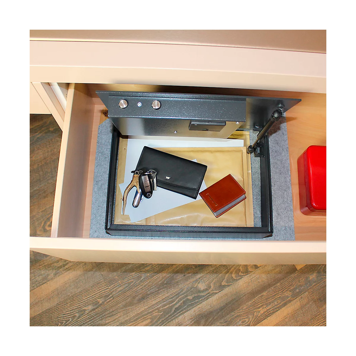 Rottner Schubladentresor Coverchest, 7,5 l, Türanschlag oben, Elektronikschloss mit 2 Schlüsseln, Montagematerial, B 400 x T 350 x H 110 mm, anthrazit