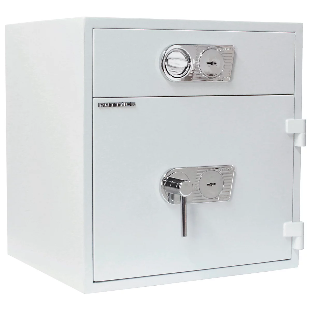 Weisser Tresor mit zwei Türen, Chrom-Schlössern und dem Schriftzug 'FORT KNOX'.