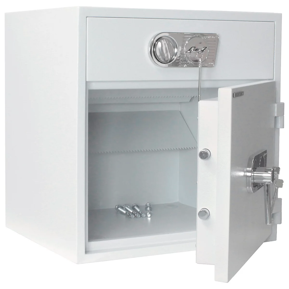 Weisser Tresor, Tür geöffnet, Schlüssel im Schloss. Im Inneren sind Schrauben.