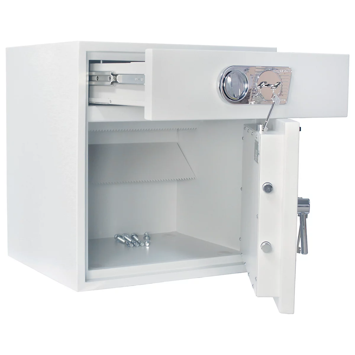 Weisser Tresor, geöffnet, mit Schlüssel. Sichtbar sind Innenraum, Schublade und Riegel.