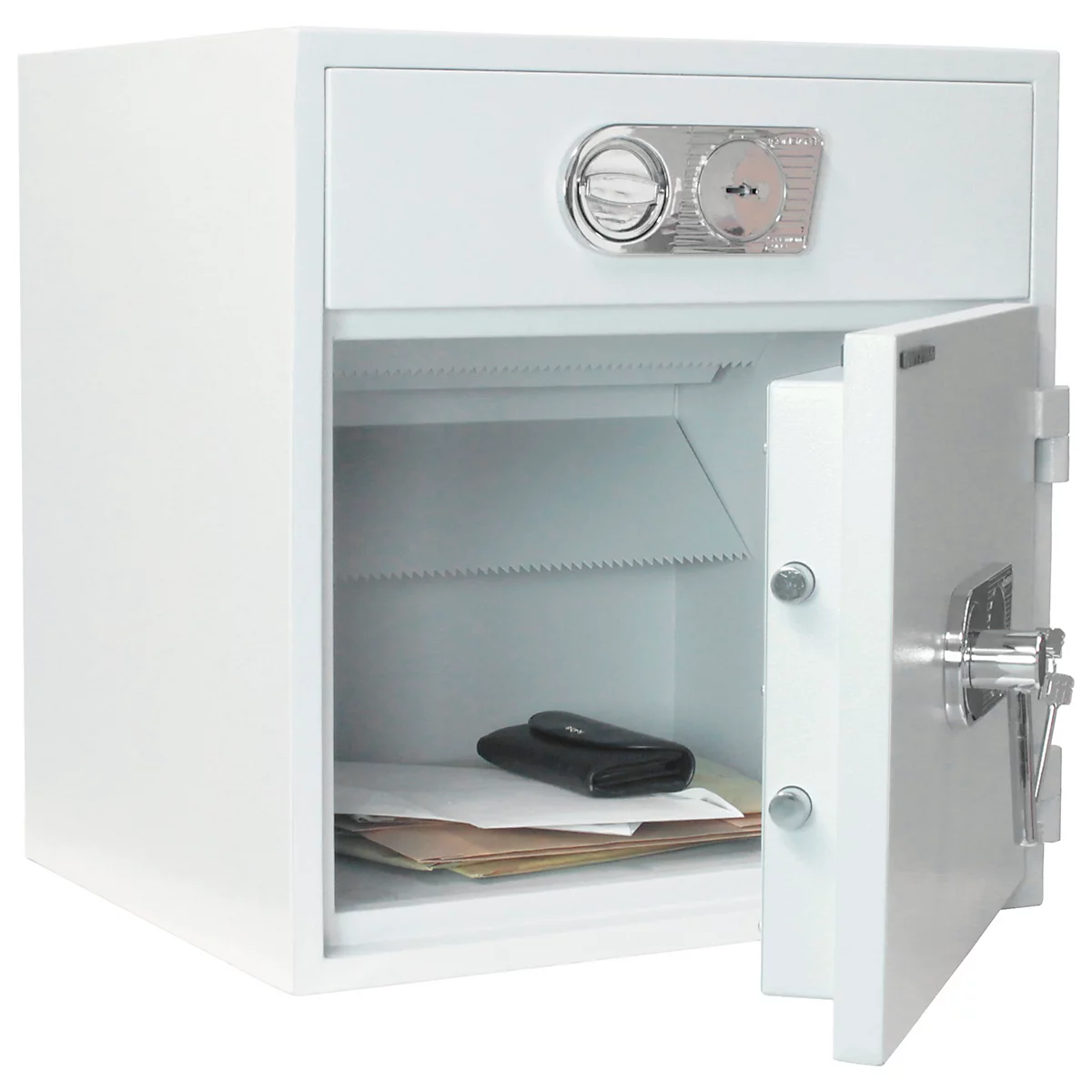 Ein geöffneter, weisser Tresor. Darin: Papiere und eine schwarze Geldbörse. Der Tresor hat ein silbernes Schloss.