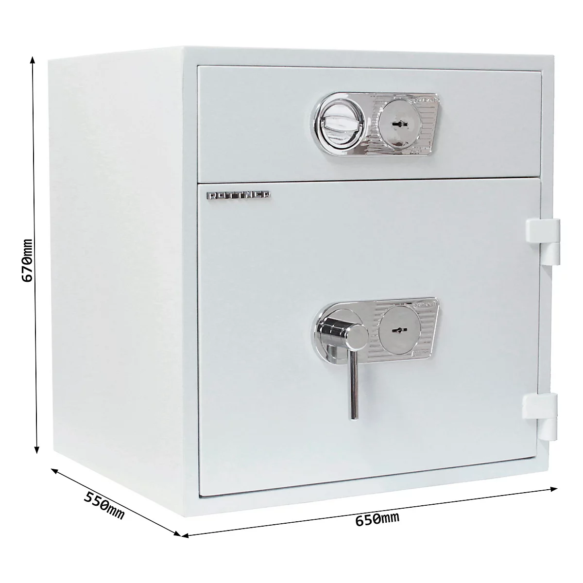 Weisser Tresor mit zwei separaten verschliessbaren Türen. Der Tresor hat zwei Schlösser und Massangaben.