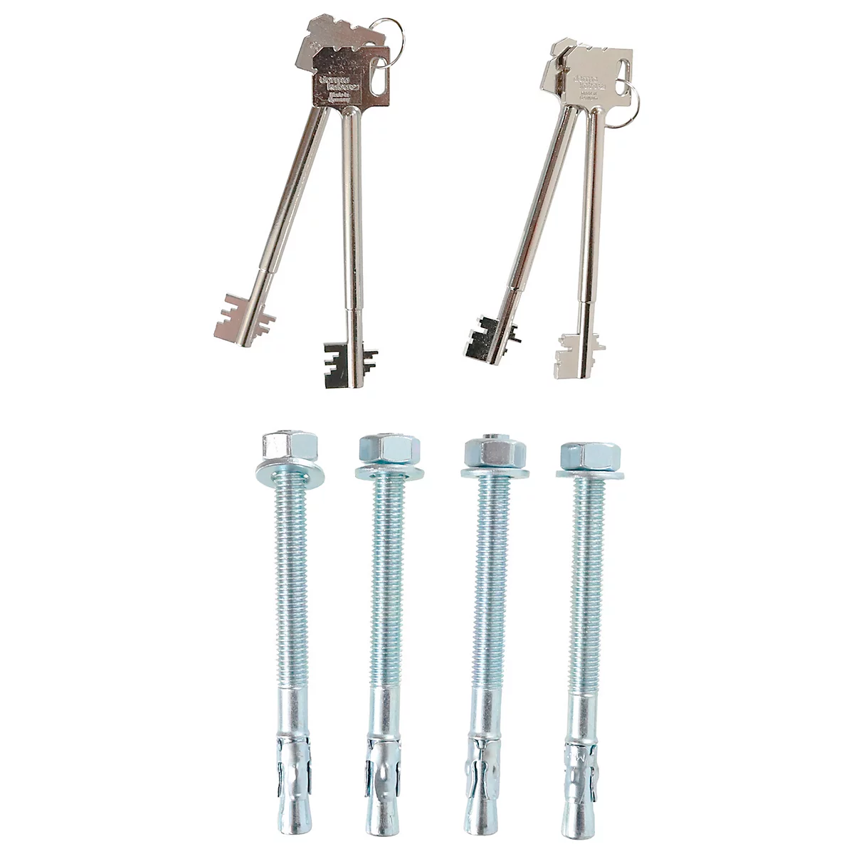 Zwei Schlüsselpaare und vier Schrauben mit Muttern auf weissem Hintergrund.