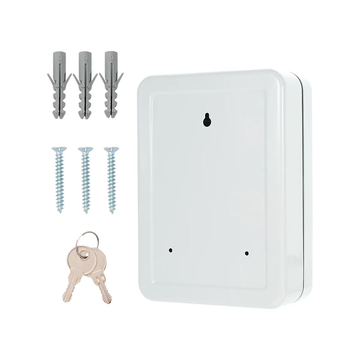Witte sleutelkluis met accessoires: pluggen, schroeven en twee sleutels. Eén gat voor bevestiging.